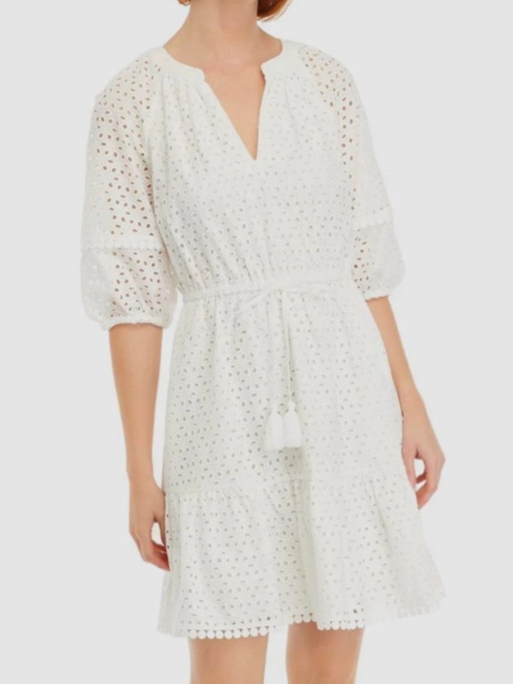 Vince Camuto 💯 Cotton Ivory White Eyelet Fit & Flare 3/4 Sleeves Dress Size 2